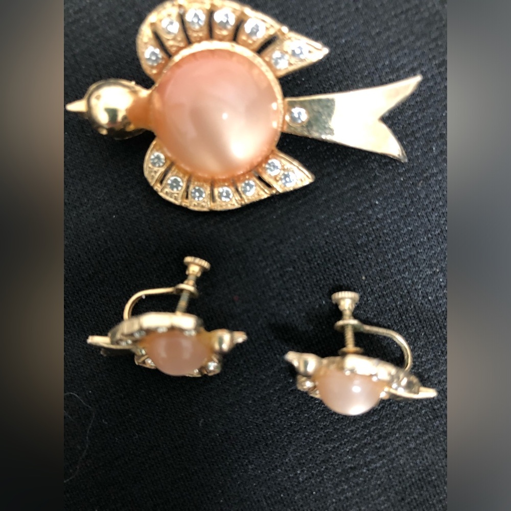 Vintage swallow, peach belly, earrings, and pin
